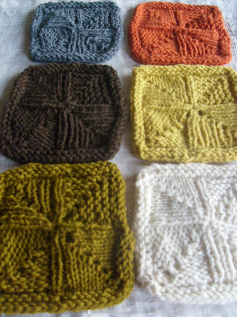 Six swatches each showing a different double increase on stockinette, reverse stockinette, rib, and garter ground