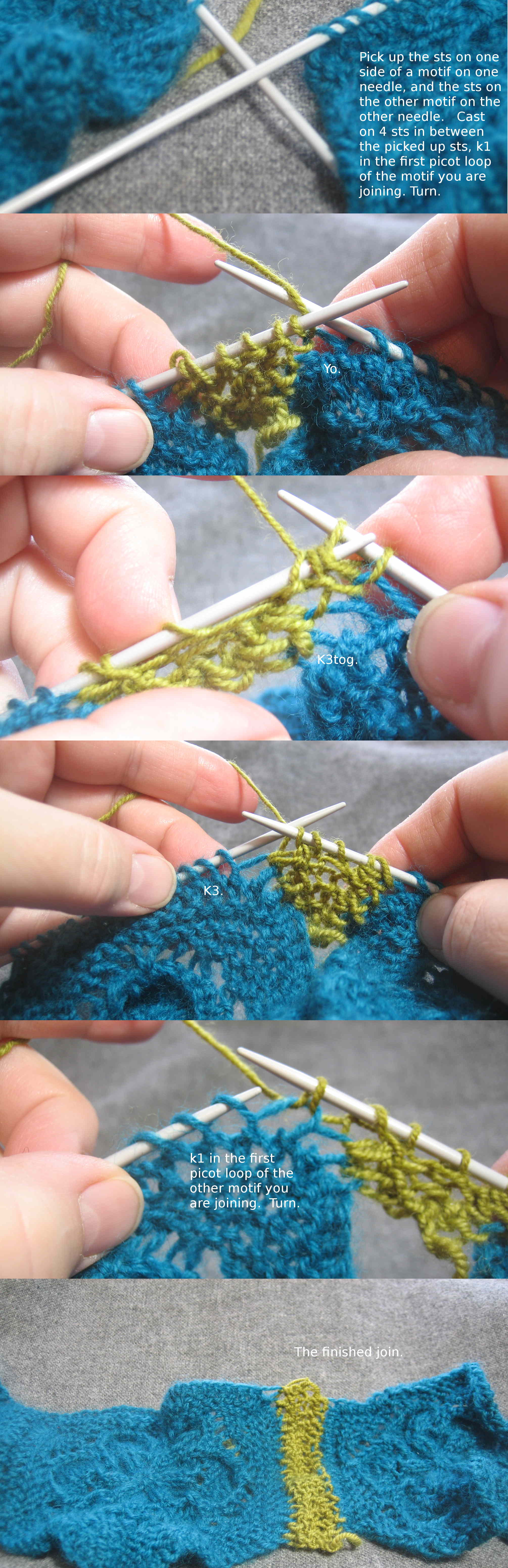 Pick up the sts on one side of a motif on one needle, and the sts on the other motif on the other needle.   Cast on 4 sts in between the picked up sts, k1 in the first picot loop of the motif you are joining. Turn.  Row 1: Yo, k3tog, k3, k1 in the first picot loop of the other motif you are joining.  Turn.  Repeat Row 1.