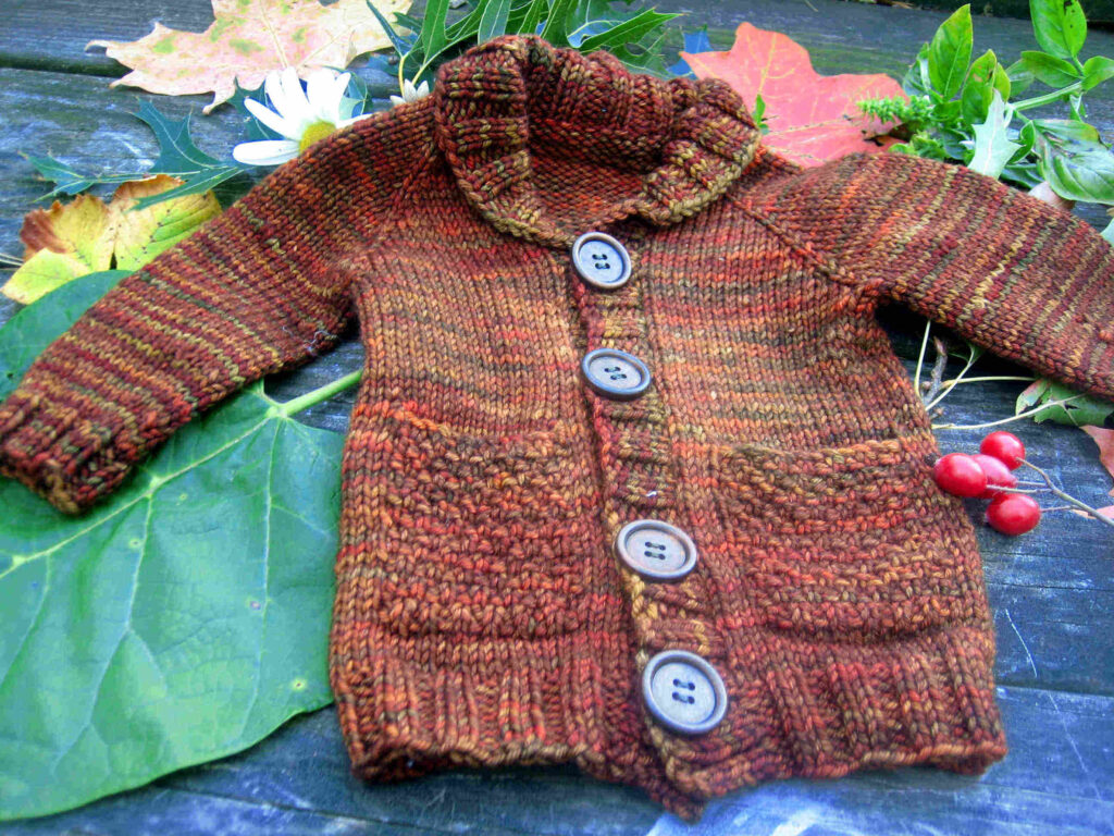 Brown jacket knit in Malabrigo Rios Vulcan on weathered wooden table with leaves