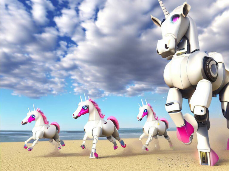 Happy mechanical Unicorns play on a beach copyright Dall*E