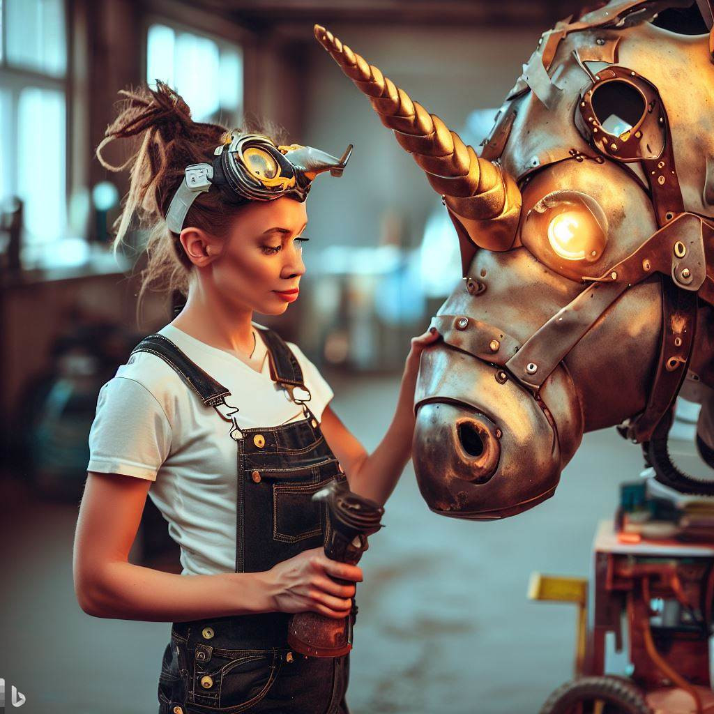 Woman in goggles and overalls oils a steampunk mechanical unicorn copyright DALL*E