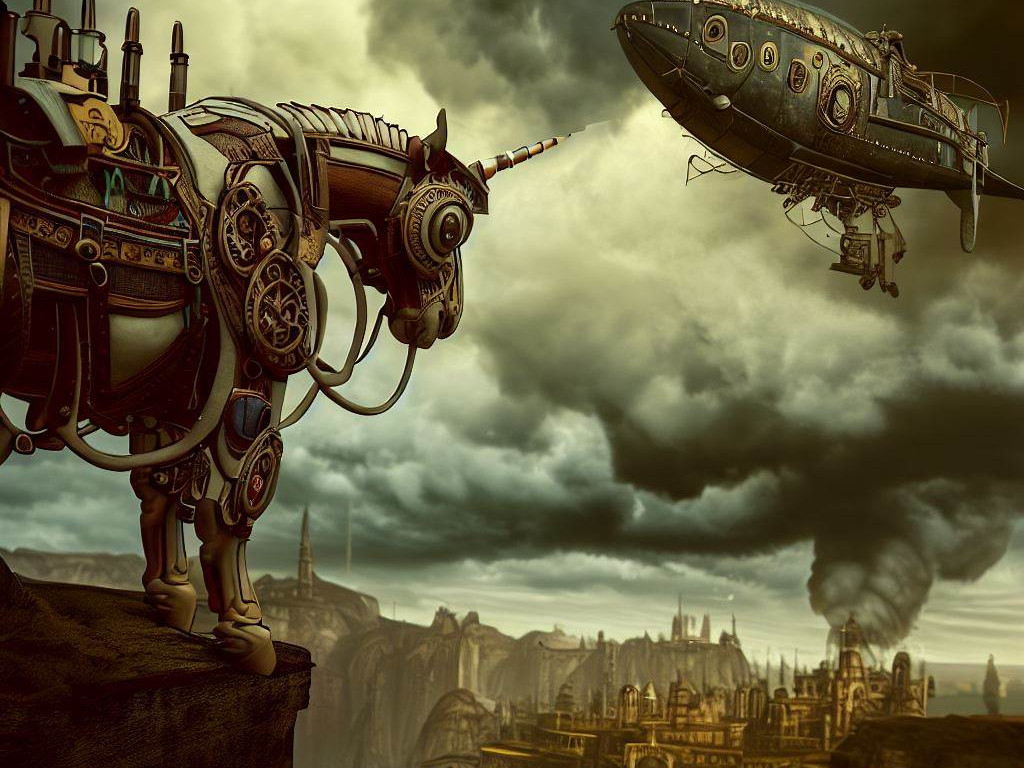 steampunk unicorn looks at a derigible port copyright DALL*E