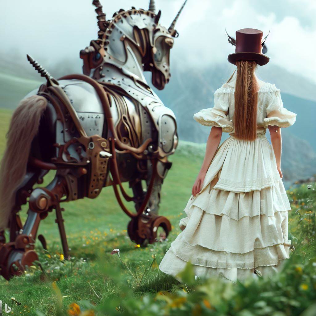 19th century maiden and mechanical unicorn copyright DALL*E