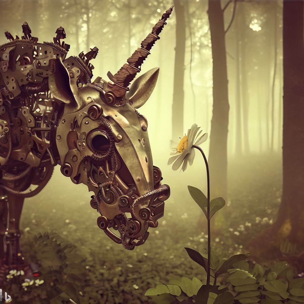 mechanical unicorn smells a flower copyright DALL*E