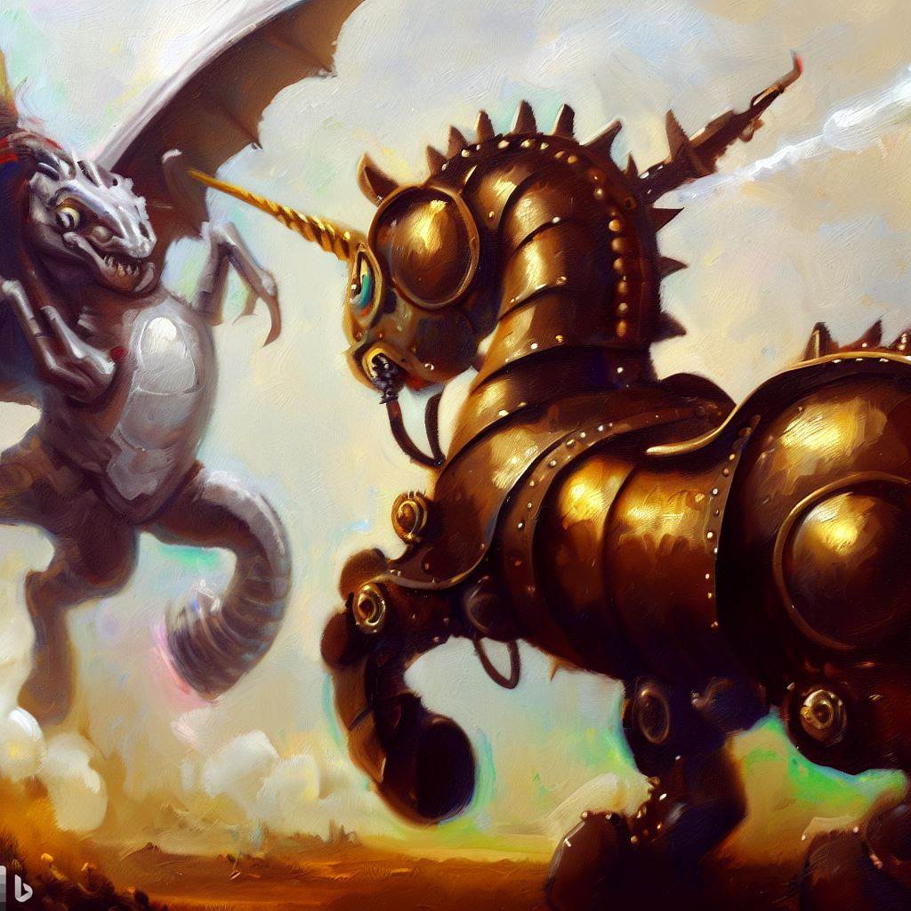 Dragon and mechanial unicorn copyright DALL*E