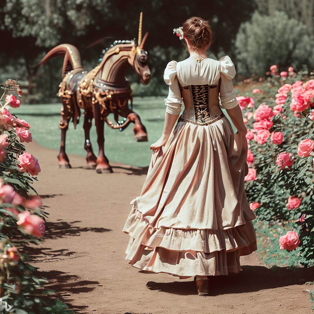 Victorian maiden and mechanical unicorn copyright DALL*E