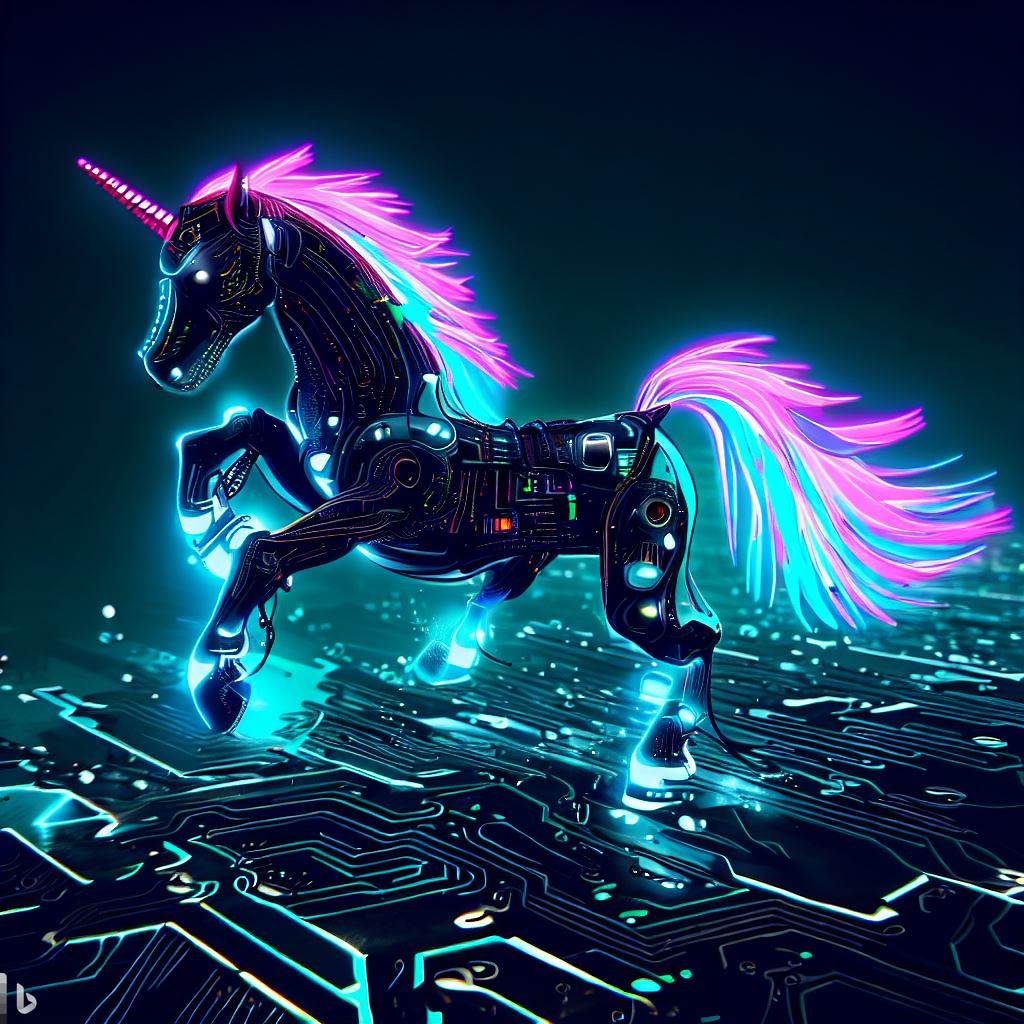 techno unicorn on circuit board copyright DALL*E