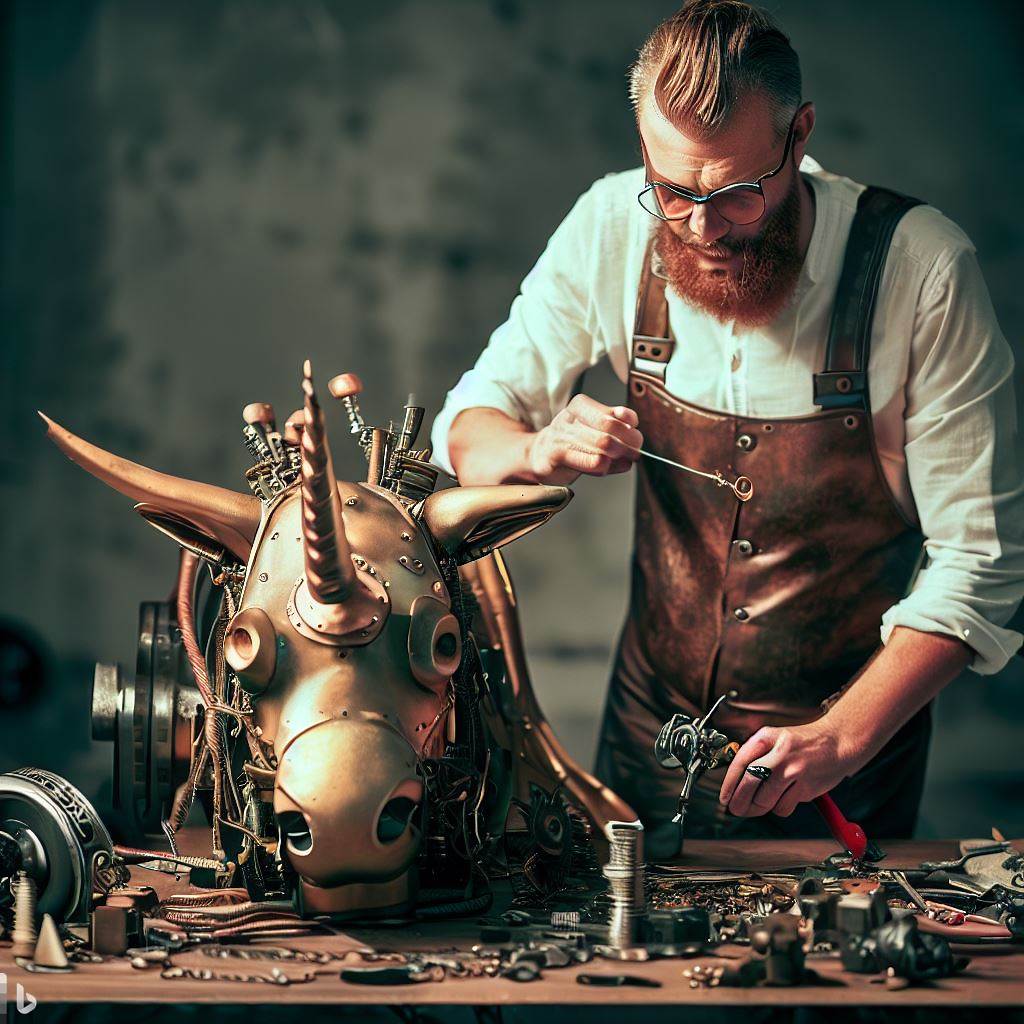 craftman repairs mechanical unicorn copyright DALL*E