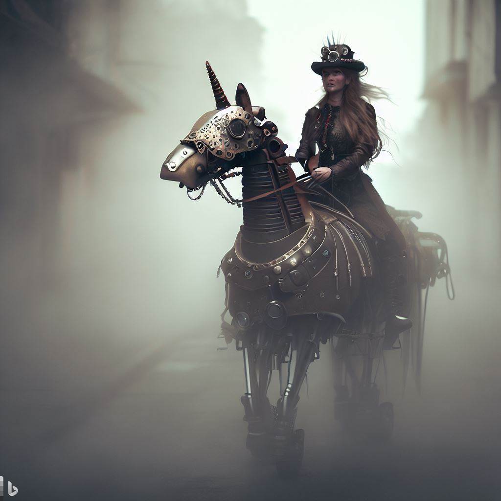 maiden riding unicorn in the mist copyright DALL*E