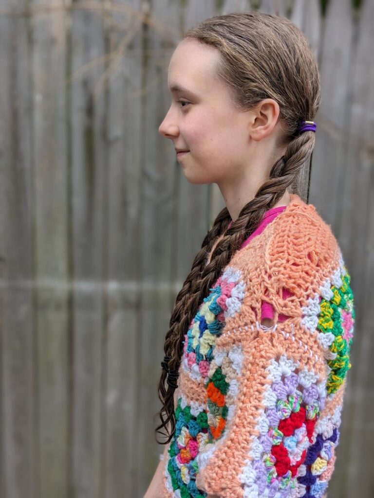 Side View of altered Granny Square Sweater with short row shoulder shaping