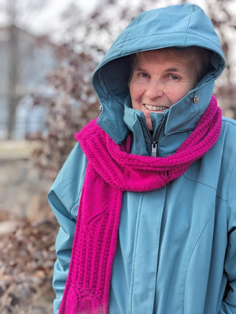 The Discerning Heart scarf worn on a cold day